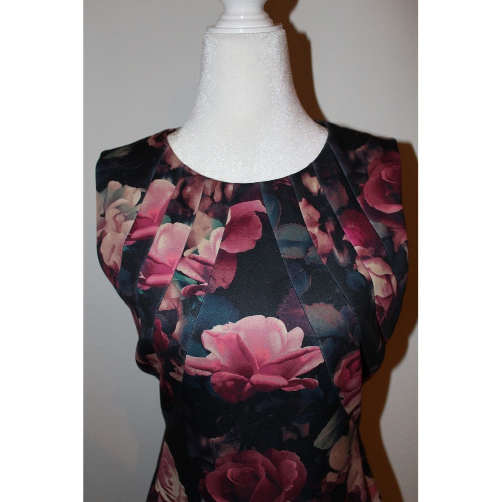 Tahari Arthur S Levine Pink Rose Floral Sheath Dress Black Sleeveless Women's 4 - Picture 3 of 9